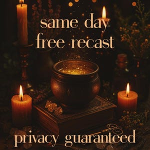 A richly detailed spellwork scene features a glowing cauldron surrounded by candles, crystals, and herbs on a wooden altar. Floating sparks and candlelight suggest a ritual in progress. Text reads "same day, free recast, privacy guaranteed," emphasizing fast delivery and confidentiality for magical services. Perfect for listings offering love spells, spiritual rituals, or witchcraft services.