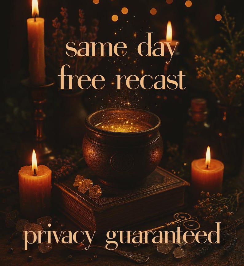 A richly detailed spellwork scene features a glowing cauldron surrounded by candles, crystals, and herbs on a wooden altar. Floating sparks and candlelight suggest a ritual in progress. Text reads "same day, free recast, privacy guaranteed," emphasizing fast delivery and confidentiality for magical services. Perfect for listings offering love spells, spiritual rituals, or witchcraft services.