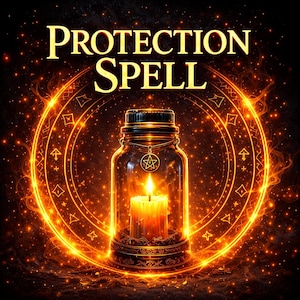 May include: An image with the words "PROTECTION SPELL" in gold lettering. A glass jar with a lit candle inside is surrounded by a glowing orange circle with stars and symbols. A pentagram charm hangs from the jar's lid.
