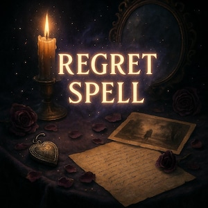 Op de afbeelding: Een afbeelding met de tekst "REGRET SPELL" in gouden letters. Een brandende kaars, een hartvormig medaillon en een vintage foto liggen op een donker oppervlak. Verspreide rozenblaadjes en een decoratieve spiegel maken de scène compleet.