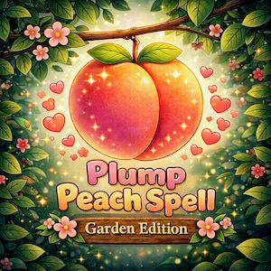 May include: A digital illustration of two ripe peaches with sparkling highlights, suspended from a branch. The image includes pink hearts, flowers, and the text "Plump Peach Spell Garden Edition" on a wooden sign, framed by green leaves.