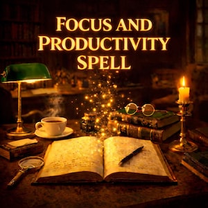 May include: An open book with handwritten text, a lit candle, and a cup of coffee on a wooden desk. The image also features a magnifying glass, a pen, and the text "FOCUS AND PRODUCTIVITY SPELL". A vintage desk lamp and glasses are also visible.