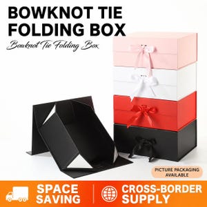 May include: A set of rectangular folding gift boxes with ribbon bow closures. The stack includes light pink, white, red, and black boxes. One black box is shown unfolded to reveal its interior structure. The text BOWKNOT TIE FOLDING BOX is visible.