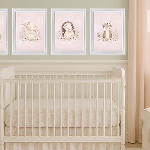 Woodland Nursery Prints | Baby Shower Gift | Pink Floral Wall Art | Baby Girl Room Decor | Animal Prints | Digital Download | Cute Animals