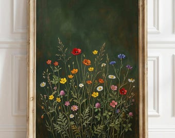 Wildflower Field Wall Art print, Vintage Botanical Landscape Decor, Cottagecore Floral Meadow Print, Vintage Nature Poster