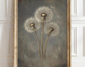Vintage Dandelion Wall Art Poster, Rustic Wildflower Art, Antique Landscape Decor, Moody Wall Print, Printed and Shipped