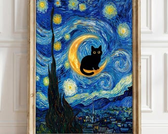 Black Cat Vincent Van Gogh Starry Night Print, Van Gogh Cat Poster, Starry Night Cat Wall Art, Funny Cat Decor, Home Decor Print
