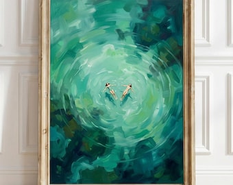 Swimming in Green Abstract Print, Vintage Retro Swimmer Wall Art, Minimalist Green Wall Art, Coastal Water Poster, Emerald Ocean Decor