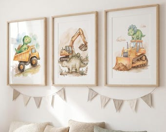 Dinosaur Construction Wall Art Set of 3, T-Rex Dump Truck Stegosaurus Excavator Triceratops Bulldozer, Kids Nursery Decor