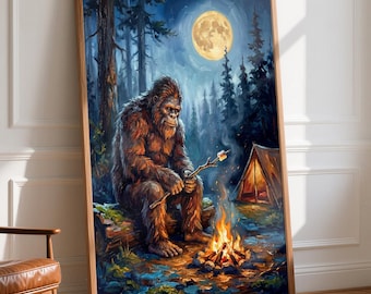 Bigfoot Camping Wall Art, Sasquatch Campfire Poster, Rustic Cabin Decor, Full Moon Forest Painting Print, Outdoor Lodge Wall Art