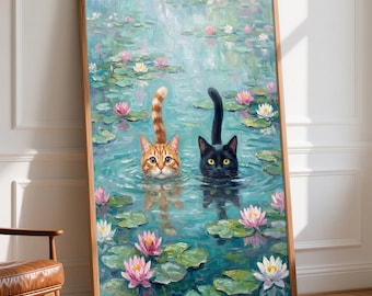 Monet Waterlily Cat Wall Art Print, Monet Cat Poster, Black and Orange Cats Swimming Print, Funny Cat Home Decor, Floral Print, Funny gift