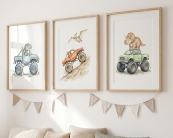 Dinosaur Monster Truck Wall Art Set of 3, Watercolor T-Rex Triceratops Pterodactyl Nursery Prints, Kids Room Decor Poster Set