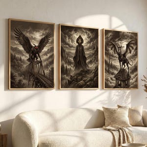 May include: Three framed wall art prints in sepia tones featuring dark fantasy imagery. The left print shows a winged creature on a bridge, the center shows a cloaked figure on a cliff, and the right shows a dragon perched on a stone tower roof.