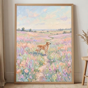 May include: A framed painting shows a golden retriever in a field of wildflowers. The artwork uses a soft, impressionistic style with pastel colours, a winding path, and a light wooden frame.