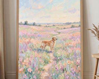 Golden Retriever Wall Art Poster, Pastel Wildflower Wall Art, Impressionist Landscape Print, Floral Meadow Dog Painting, Cottagecore Decor