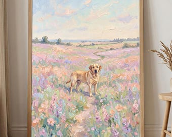 Labrador Retriever Wall Art Poster, Pastel Wildflower Wall Art, Impressionist Landscape Print, Floral Meadow Dog Painting, Cottagecore Decor