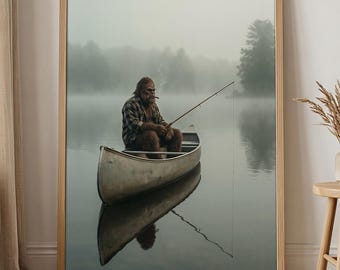 Bigfoot Fishing Lake Wall Art, Sasquatch Canoe Poster, Rustic Cabin Fishing Decor, Foggy Lake Wilderness Print, Bigfoot Lover Gift