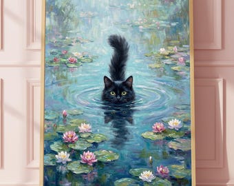 Monet Waterlily Black Cat Wall Art Print, Monet Cat Poster, Funny Cat Gift, Waterlily Cat Print, Floral Cat Decor, Home Decor Poster