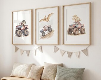Patriotic Dinosaur Wall Art Set of 3, Fourth Of July Nursery Prints, USA Monster Truck Dinosaur Decor, Kids Room Poster Set
