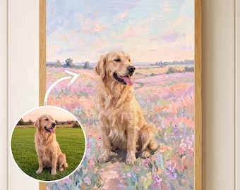 Custom Dog Painting, Personalized Pastel Wildflower Wall Art, Impressionist Floral Landscape, Floral Meadow Dog Poster, Cottagecore Decor
