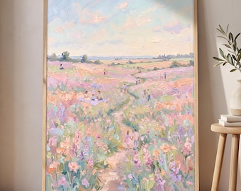 Pastel Wildflower Wall Art Poster, Tiny People Wall Art, Impressionist Landscape Print, Floral Meadow Painting, Cottagecore Decor