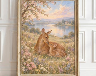 Soft Pastel Fawn Lake Wall Art Print, Cottagecore Wildflower Landscape Poster Decor, Woodland Deer Gift, Floral Nursery Home Wall Art