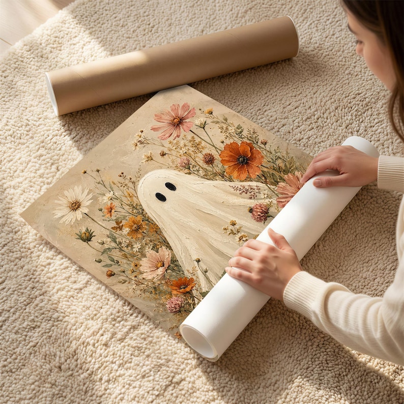 May include: A square art print featuring a central white ghost figure surrounded by a variety of colorful wildflowers in shades of orange, pink, and white. The illustration has a textured, painterly appearance on a light beige background.