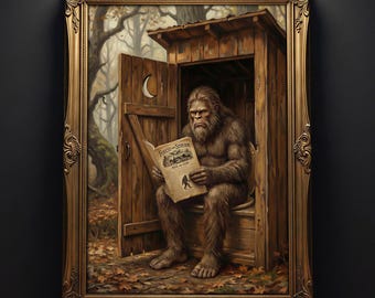 Funny Sasquatch Painting Print, Vintage Bigfoot Reading Newspaper Poster, Bigfoot Outhouse Wall Decor, Cabin Decor
