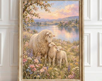 Pastel Lamb Meadow Wall Art Print, Cottagecore Wildflower Landscape Poster Decor, Sheep Family Gift, Floral Nursery Home Wall Art