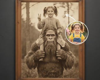 Custom Bigfoot Child Vintage Portrait, Funny Personalized Cryptid Sasquatch Print, Mystery Wall Art Sasquatch Poster Bigfoot Lover Gift