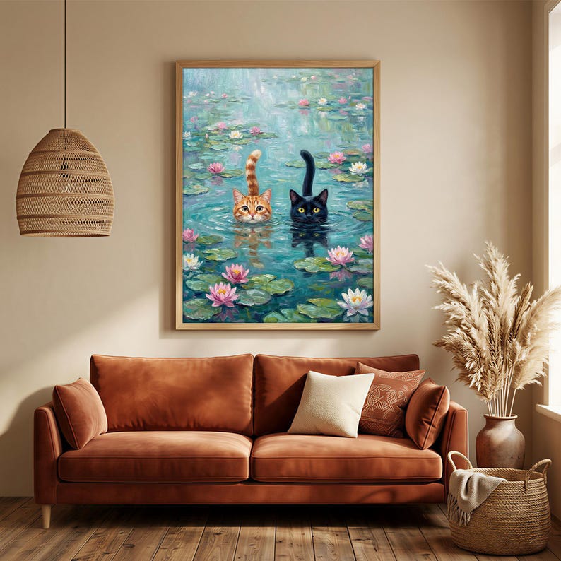 May include: A rectangular wall art print featuring an oil painting of an orange tabby cat and a black cat swimming in a pond filled with green lily pads and pink and white water lilies, set in a light wooden frame hanging on a beige wall.