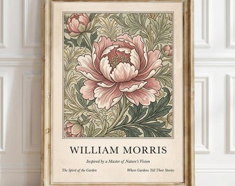 William Morris Pink Flower Print, Vintage Flower Wall Art, Botanical Exhibition Poster, Floral Artwork Decor, William Morris Art Gift