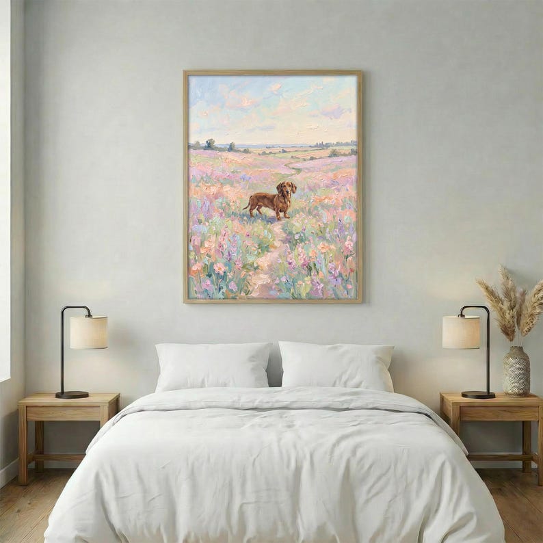Dachshund Wall Art Poster, Pastel Wildflower Wall Art, Impressionist Landscape Print, Wiener Dog Floral Meadow Painting, Cottagecore Decor image 7