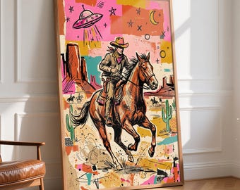 Cowboy Wall Art, Pop Art Style Cowboy Poster, Western Surreal Wall Art, Retro Americana Decor, Western Pop Art Print, Colorful Cowboy Poster