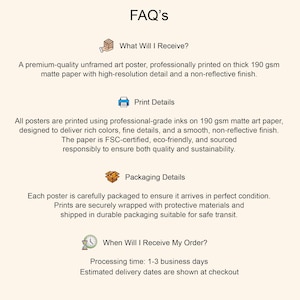 May include: An FAQ information sheet with a light cream background and dark text. It details product specifications for an unframed art poster, including 190 gsm matte paper, professional-grade inks, FSC-certified materials, and secure packaging.