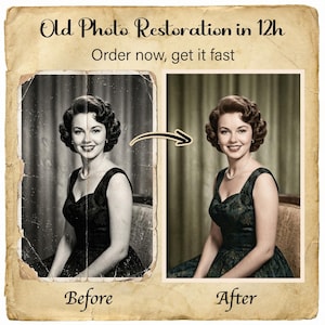 May include: An image showcasing old photo restoration. The image displays a before-and-after comparison of a vintage photograph of a woman in a dress and pearl necklace. Text reads "Old Photo Restoration in 12h" and "Order now, get it fast."