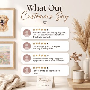 May include: A customer review graphic titled What Our Customers Say featuring four five-star reviews with user icons. Two framed dog portraits hang on the left, while a small Thank You For Your Support card sits below the reviews on a table.