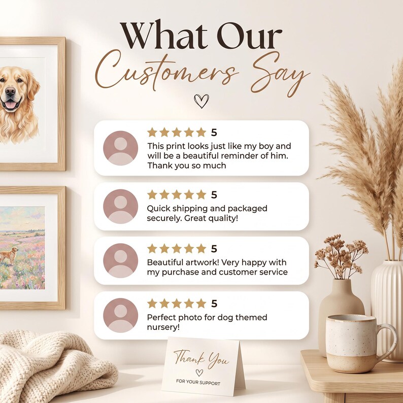 May include: A customer review graphic titled What Our Customers Say featuring four five-star reviews with user icons. Two framed dog portraits hang on the left, while a small Thank You For Your Support card sits below the reviews on a table.