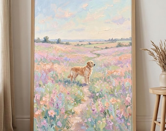 Golden Retriever Wall Art Poster, Pastel Wildflower Wall Art, Impressionist Landscape Print, Floral Meadow Dog Painting, Cottagecore Decor