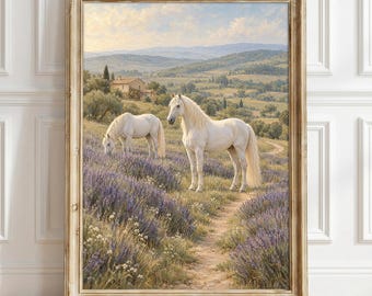White Horse Lavender Wall Art Print, French Country Equestrian Poster, Cottagecore Decor, Horse Lover Gift, Pastel Meadow Wall Decor