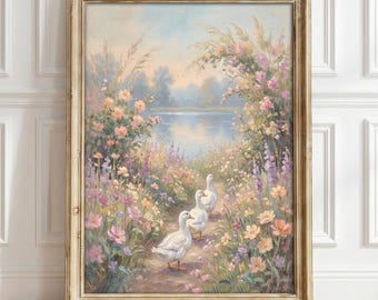 Monet Pastel Garden Oil Painting Print, Whimsical Floral Duck Wall Art, Vintage Nursery Wall Art, Cottagecore Duck Poster Decor