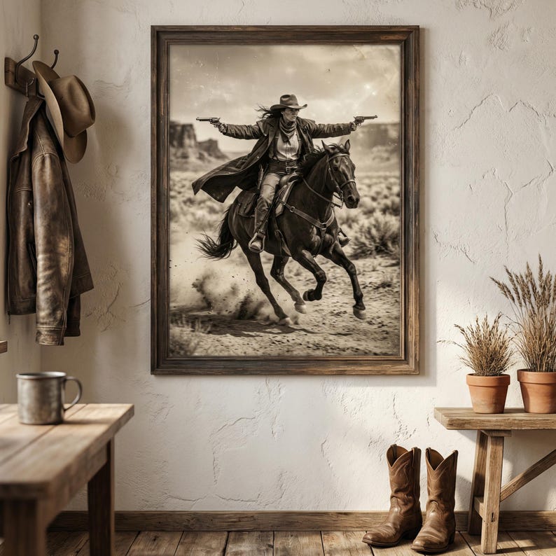 May include: Sepia-toned framed print of a person on horseback, arms outstretched, holding two pistols. The rider wears a hat and long coat, set against a desert landscape. The print is displayed in a rustic interior with a wooden table, boots, and coat rack.