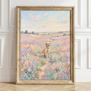 Golden Retriever Wall Art Poster, Monet Style Pastel Oil Painting Print, Wildflower Meadow Dog Wall Art, Impressionist Landscape Print image 1