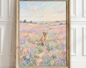 Golden Retriever Wall Art Poster, Monet Style Pastel Oil Painting Print, Wildflower Meadow Dog Wall Art, Impressionist Landscape Print