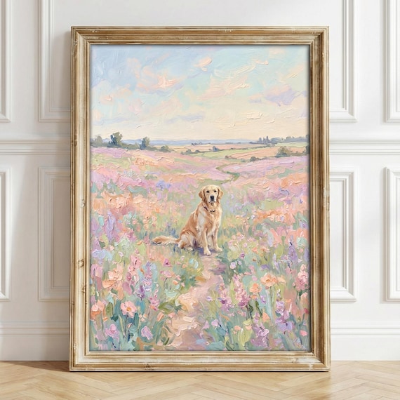 Golden Retriever Wall Art Poster, Monet Style Pastel Oil Painting Print, Wildflower Meadow Dog Wall Art, Impressionist Landscape Print