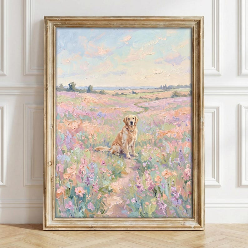 Golden Retriever Wall Art Poster, Monet Style Pastel Oil Painting Print, Wildflower Meadow Dog Wall Art, Impressionist Landscape Print image 1
