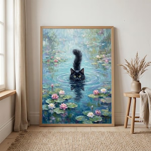 Stampa artistica da parete con gatto nero e ninfea di Monet, poster di gatto di Monet, regalo divertente per gatti, stampa di gatto con ninfea, decorazione floreale per gatti, poster per la decorazione della casa immagine 3