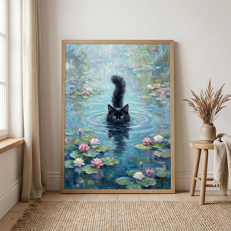 Stampa artistica da parete con gatto nero e ninfea di Monet, poster di gatto di Monet, regalo divertente per gatti, stampa di gatto con ninfea, decorazione floreale per gatti, poster per la decorazione della casa immagine 3