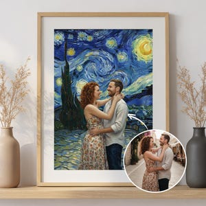 May include: A framed print depicting a couple embracing, set against a Van Gogh-style starry night. The artwork is in a wooden frame, with a smaller inset image of the couple. Decorative vases are positioned on either side.