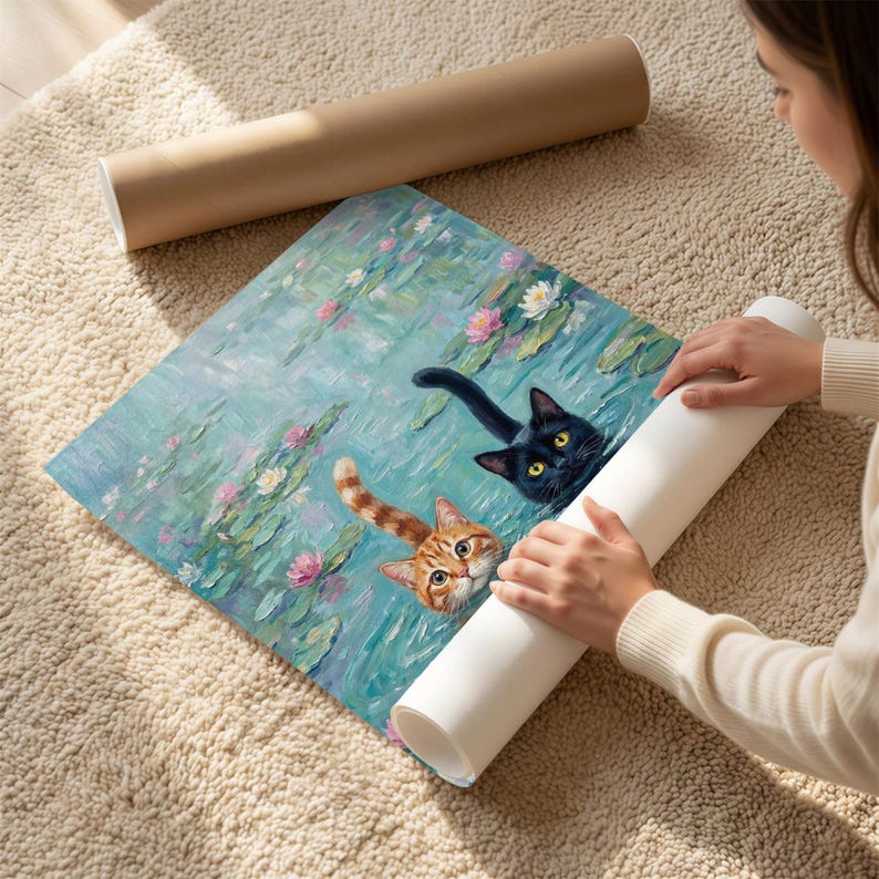 May include: A rectangular art print featuring an oil painting of a black cat and an orange tabby cat swimming in a pond filled with blue water and pink water lilies. The print is partially rolled and rests on a textured beige carpet surface.
